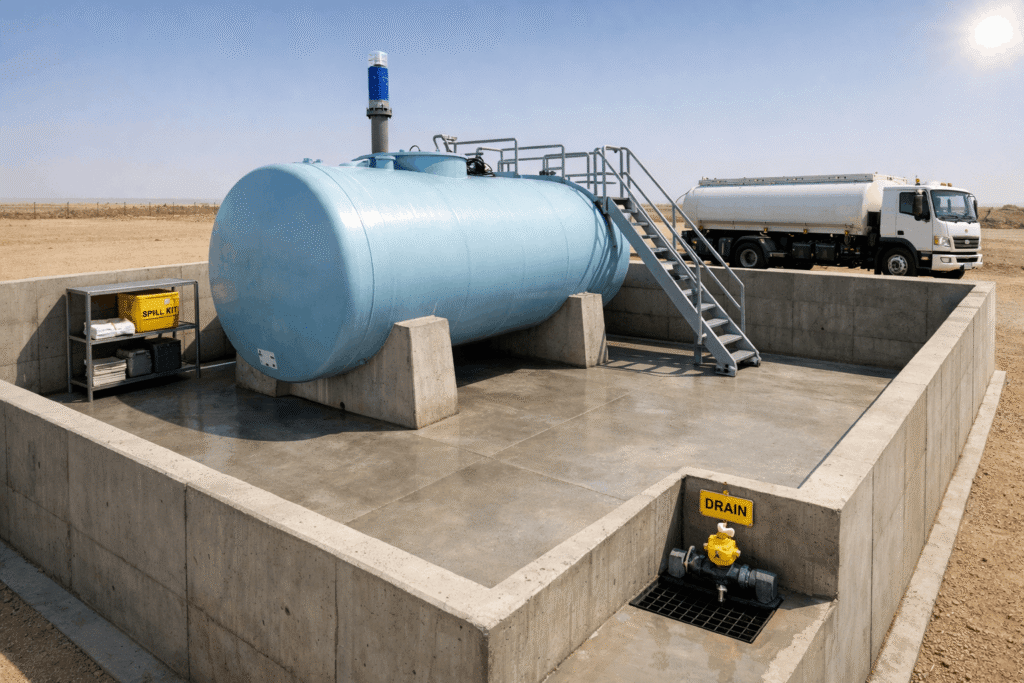 Industrial FRP diesel tank positioned inside concrete secondary containment bund wall in Saudi Arabia factory yard, showing drain valve access and inspection area.