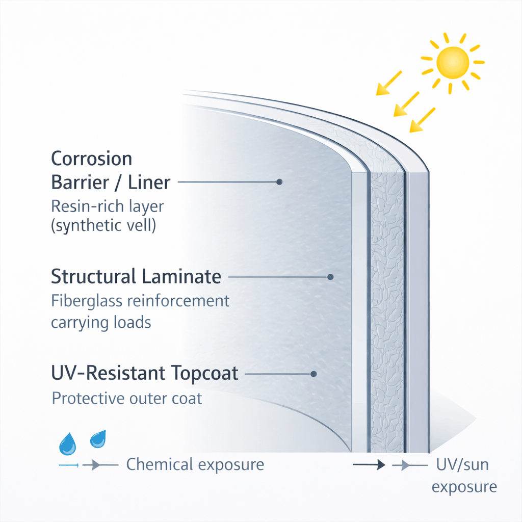 Diagram of FRP tank corrosion barrier, structural laminate, and UV topcoat layers.
