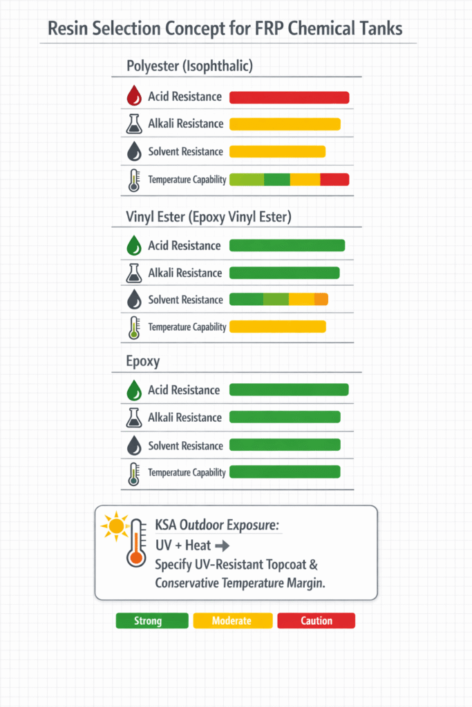 Infographic explaining resin selection for FRP chemical storage tanks in KSA.
