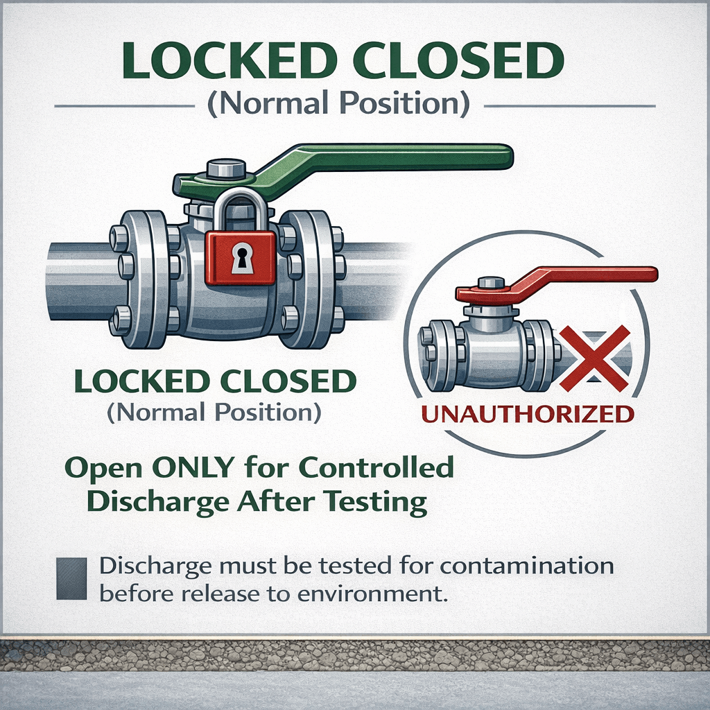 Icon diagram showing bund drain valve in locked-closed position with padlock, emphasizing proper drainage control procedure and prevention of contamination