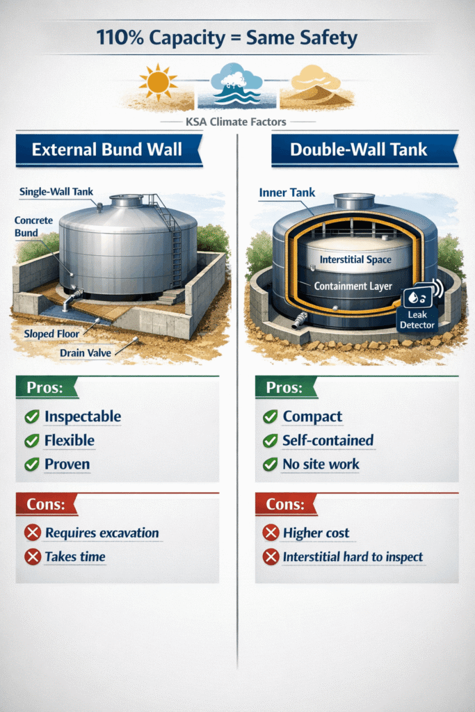 Infographic comparison showing external concrete bund wall versus integrated double-wall tank design for diesel storage secondary containment, highlighting space, cost, and inspection differences.
