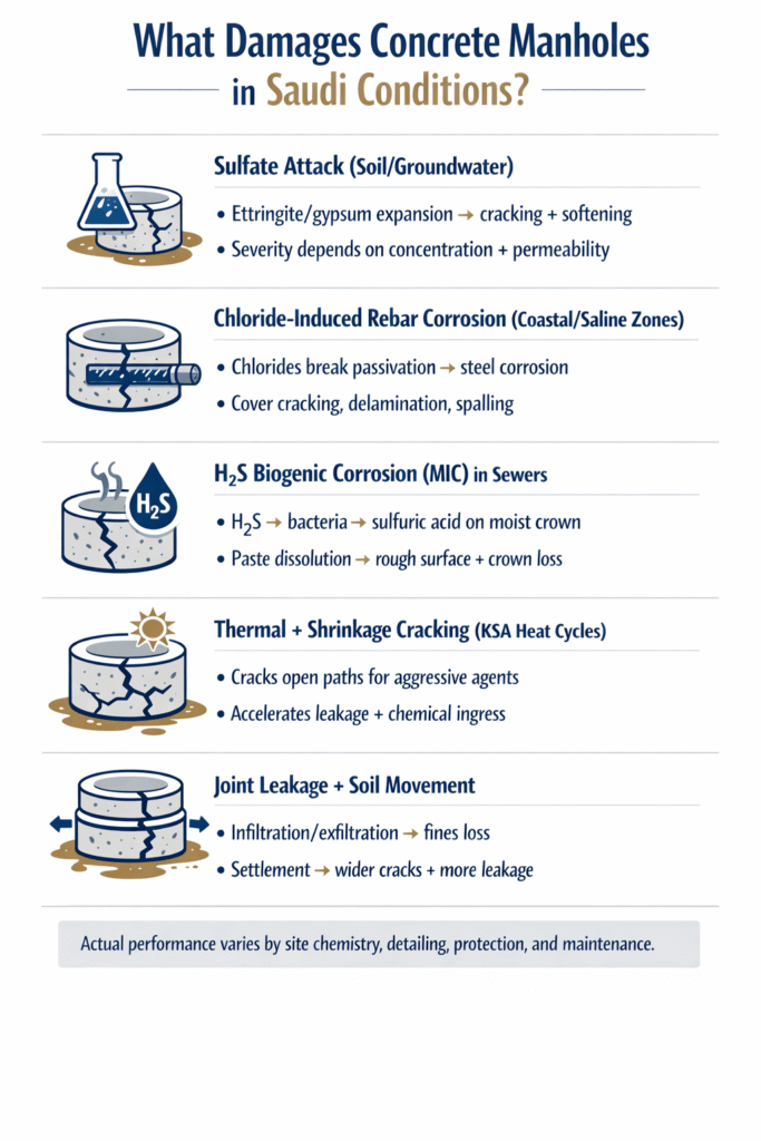 Infographic explaining sulfate, chloride and H₂S corrosion mechanisms in concrete manholes