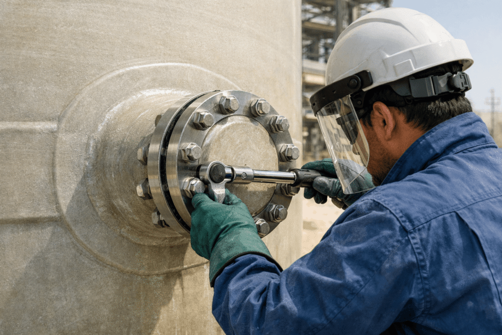 Operator checking FRP tank fittings and gaskets in a Saudi industrial facility.

