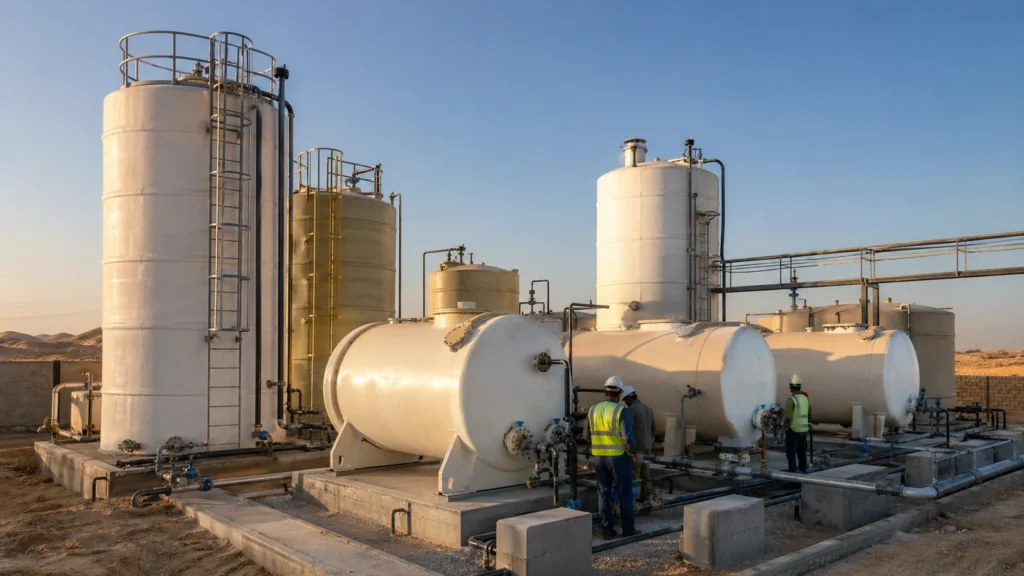 Fiberglass water tank price Saudi Arabia — FRP storage tanks installed in an industrial yard