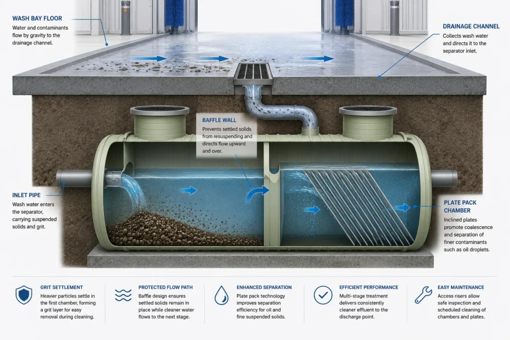 Diagram of a wash bay draining sand and grit into an oversized silt chamber ahead of the separation stage