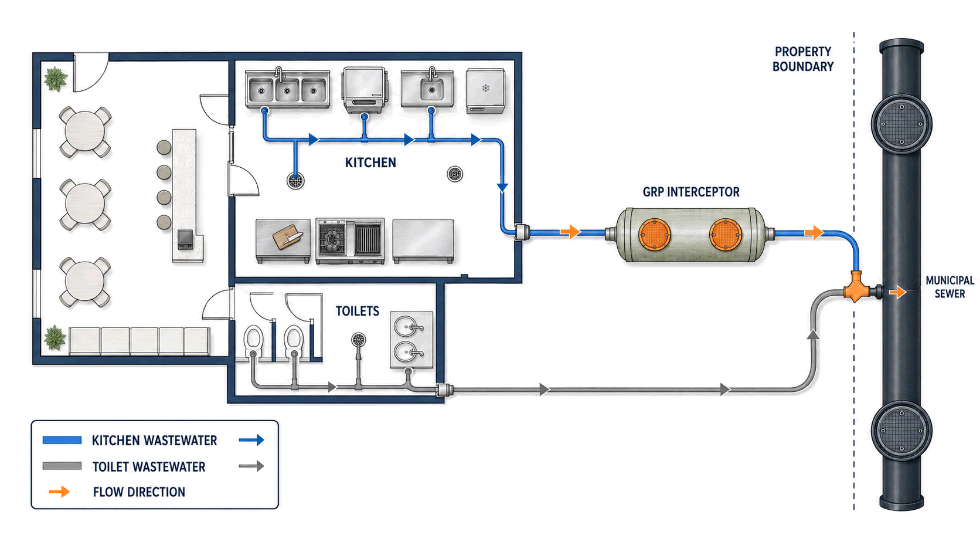 Plan-view schematic of a compliant restaurant drainage layout with kitchen lines routed to a grease interceptor and sanitary lines bypassing it 