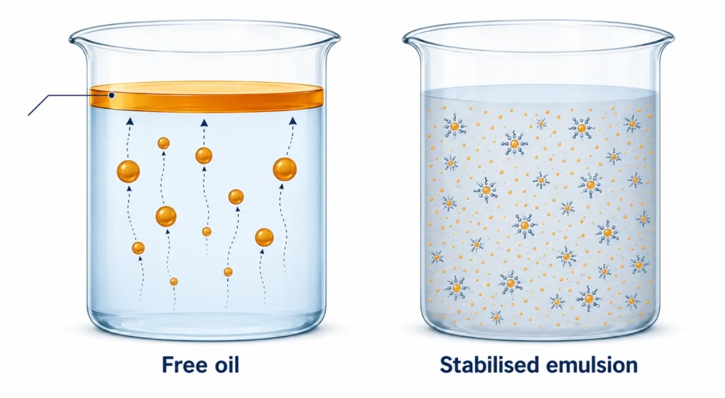 Diagram comparing free oil droplets that separate by gravity with a detergent-stabilised emulsion that does not separate 