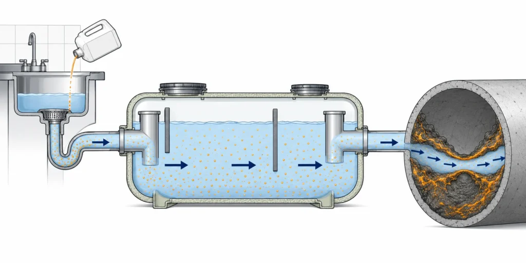 Diagram showing chemical dosing emulsifying grease through a trap and re-solidifying as a blockage in the downstream sewer 