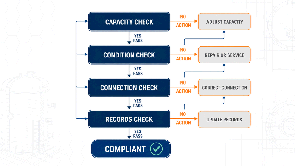 Flowchart of a grease trap compliance audit for an existing restaurant from capacity check to records to replacement decision 