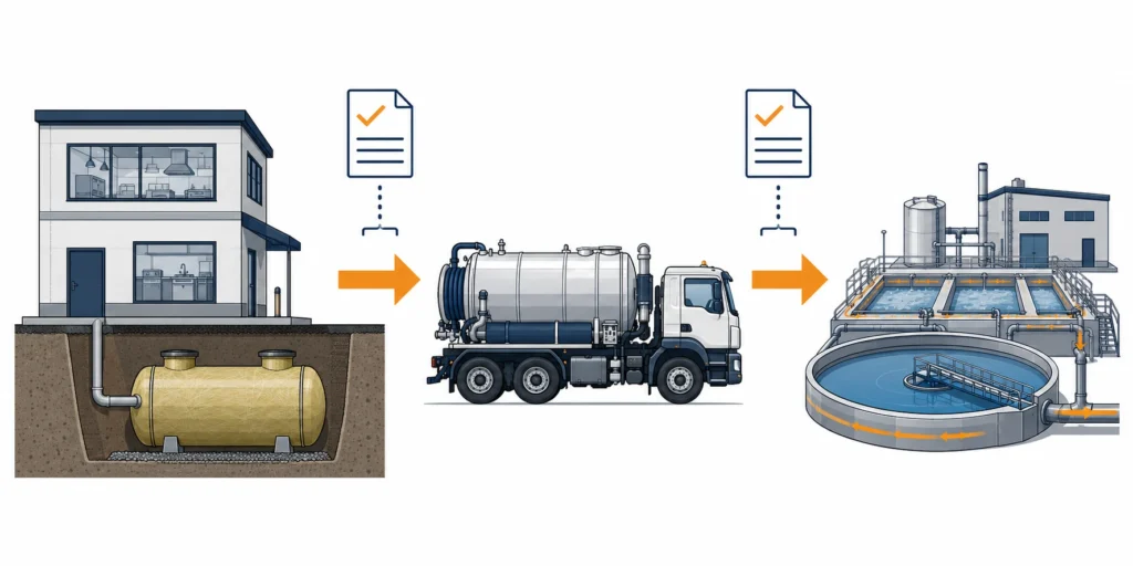 Schematic of the FOG waste chain of custody from restaurant interceptor to licensed tanker to approved disposal facility with documentation at each step 