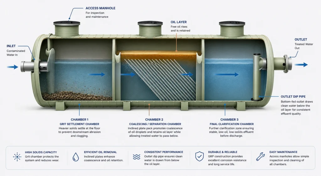 Cutaway of a three-chamber GRP separator showing silt chamber, coalescing separation chamber, and outlet chamber in sequence 