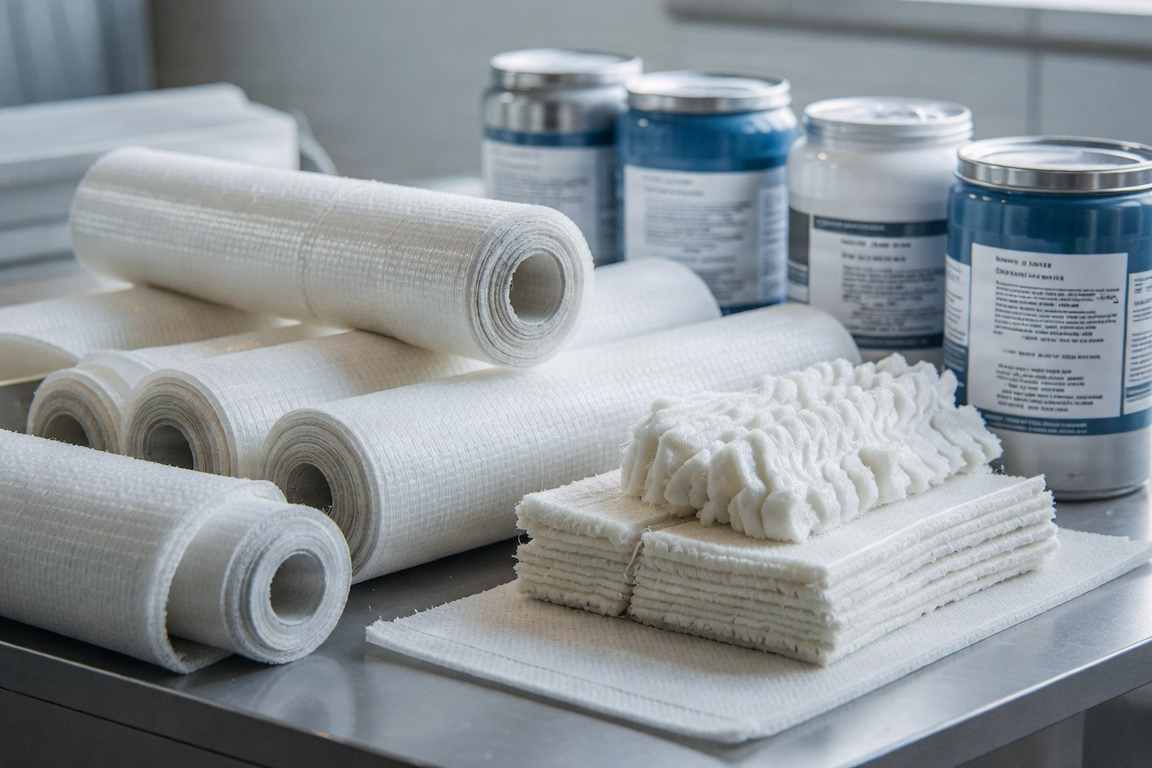 Composite raw materials including resins and fiberglass cloth in a professional warehouse.